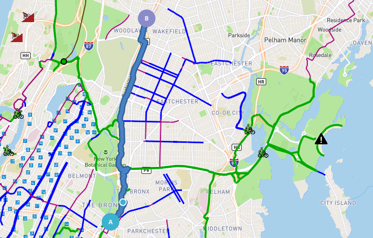 Map of the bike path along the Bronx River Parkway. 