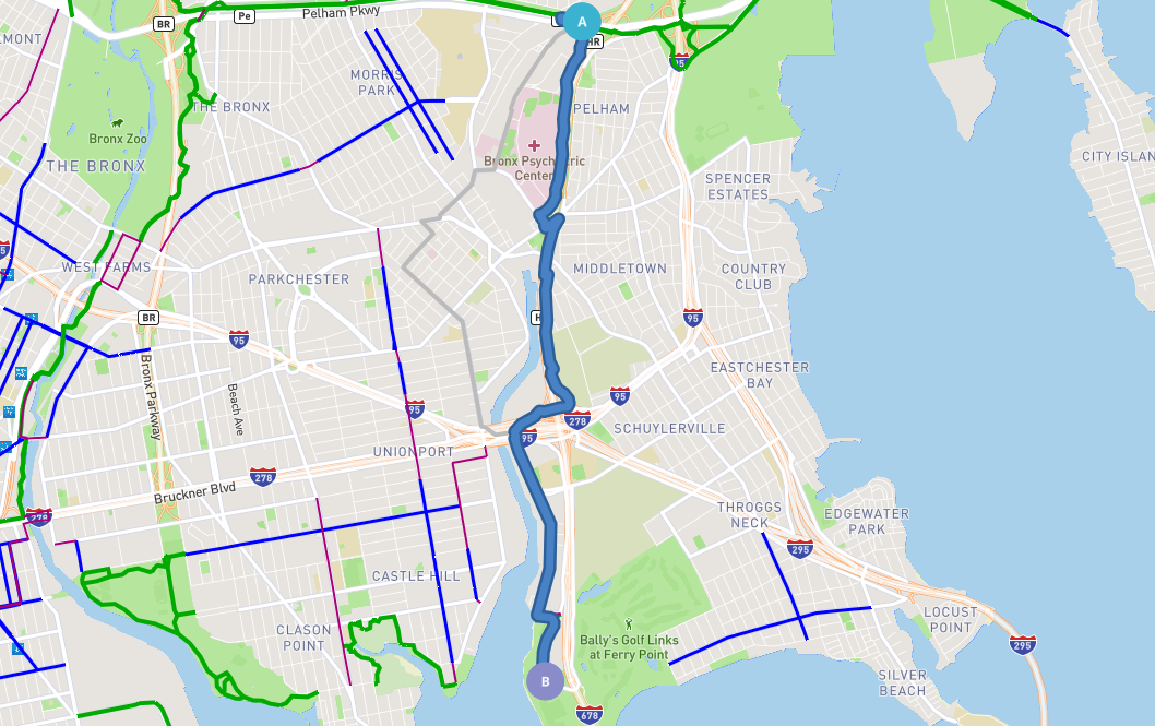 Map of the bike path along the Hutchinson River Parkway. 